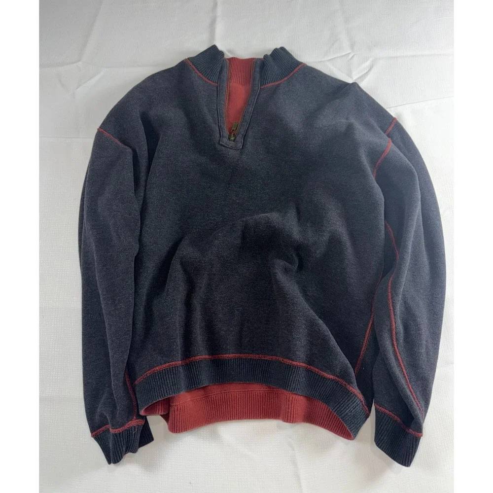 Tommy Bahama Mens Reversible Quarter Zip Sweater Rust Orange Charcoal Grey L
